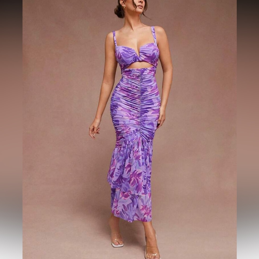 Elegant and Sexy Purple Floral Mesh Wedding Guest Dress